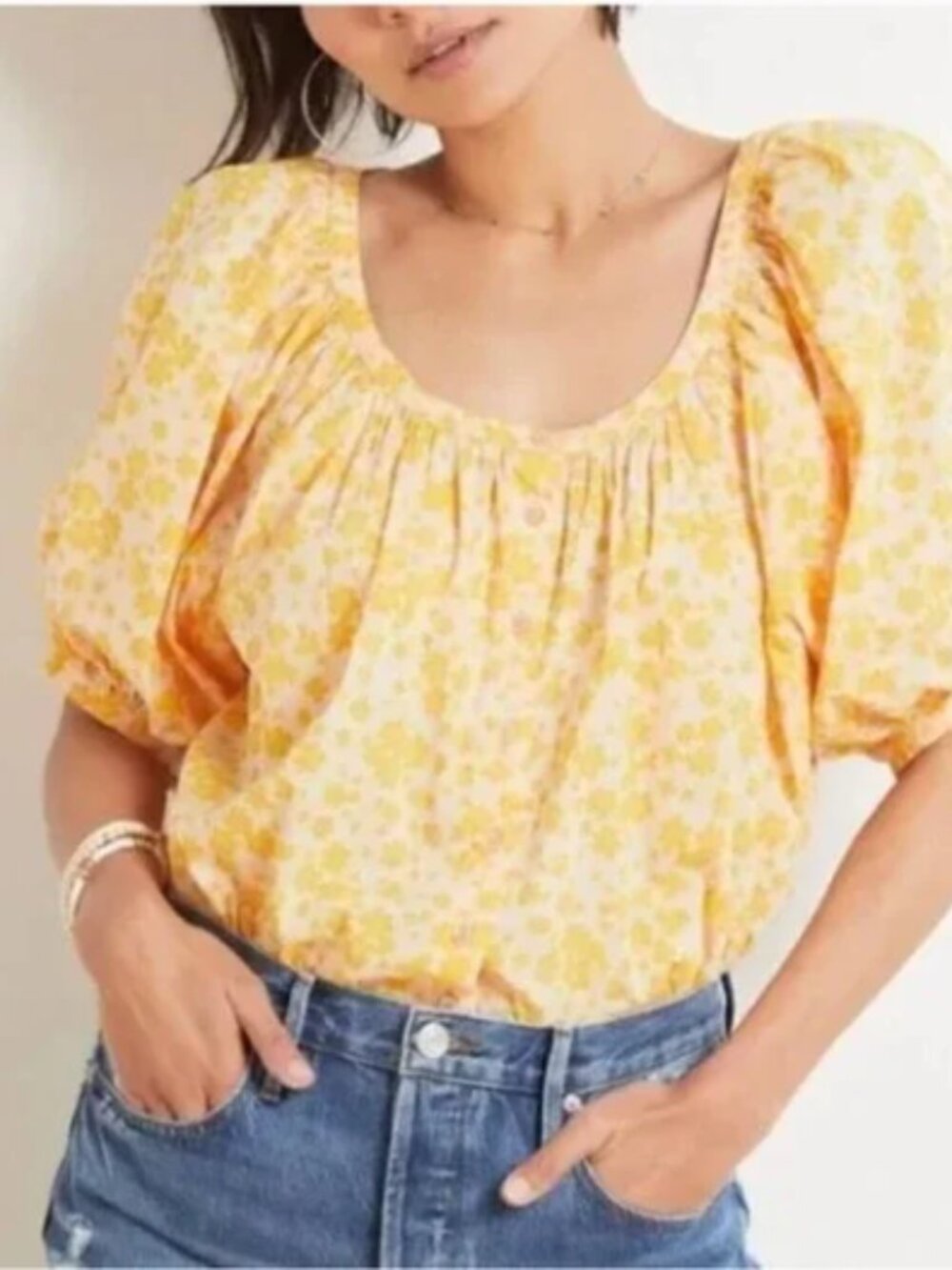 Evereve Sundry Ditsy Floral Puff Sleeve Cotton Top Size 1: SMALL